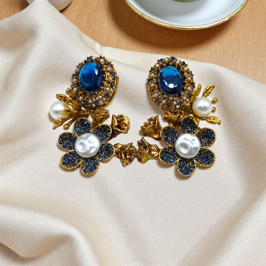 Sapphire Blossom Earrings Blue Oval Crystal, Gold Botanical & Daisy Pearl Drops