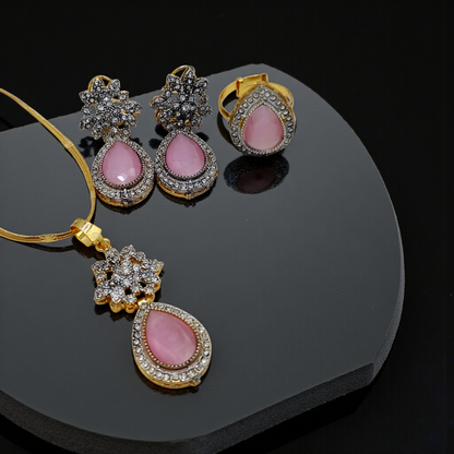 Luxury Teardrop Stone Pendant Set with Earrings – Gold Plated