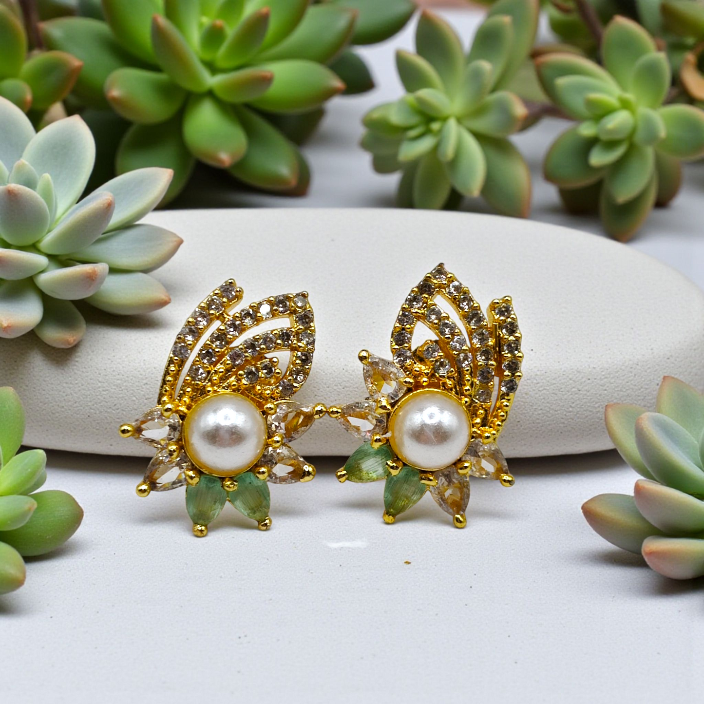 Elegant Pearl & Leaf Crystal Stud Earrings