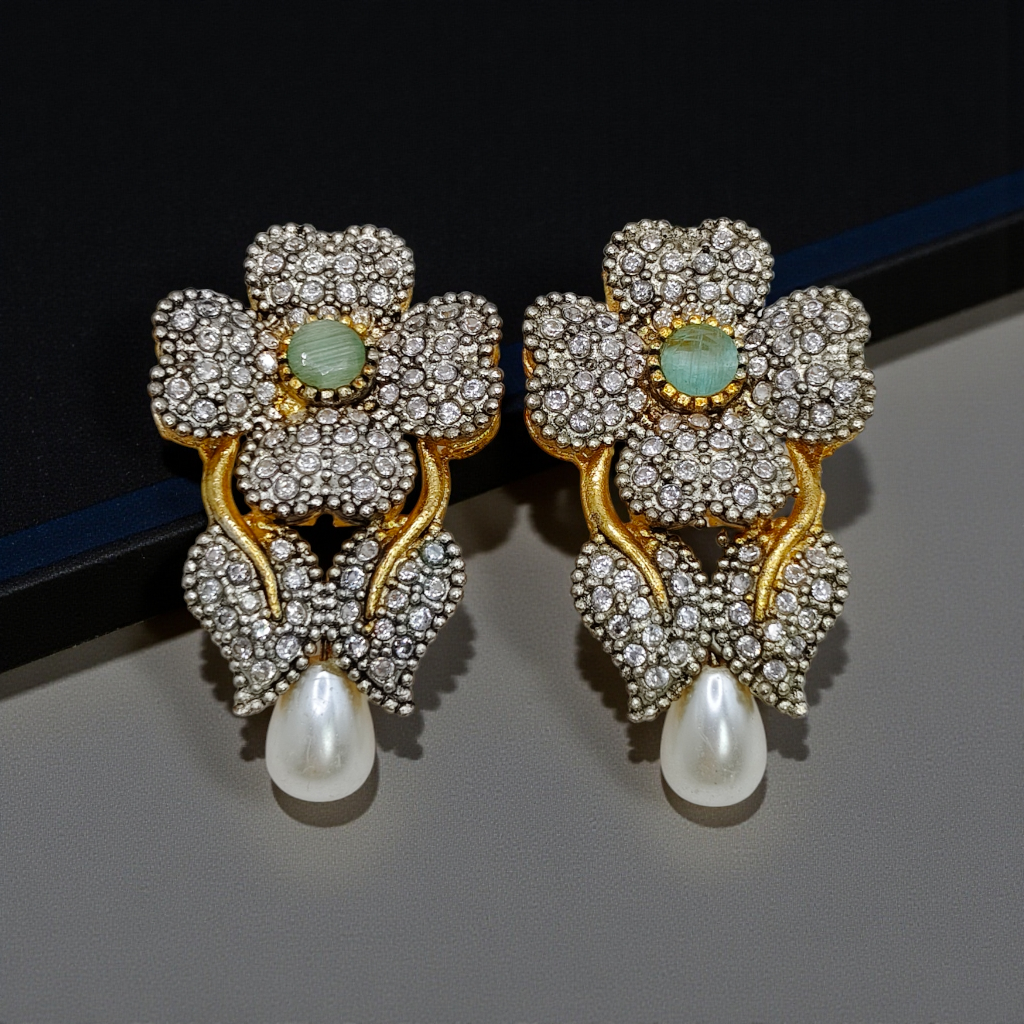Luxury Floral Crystal Earrings with Pearl Drop – Antique Gold Finish