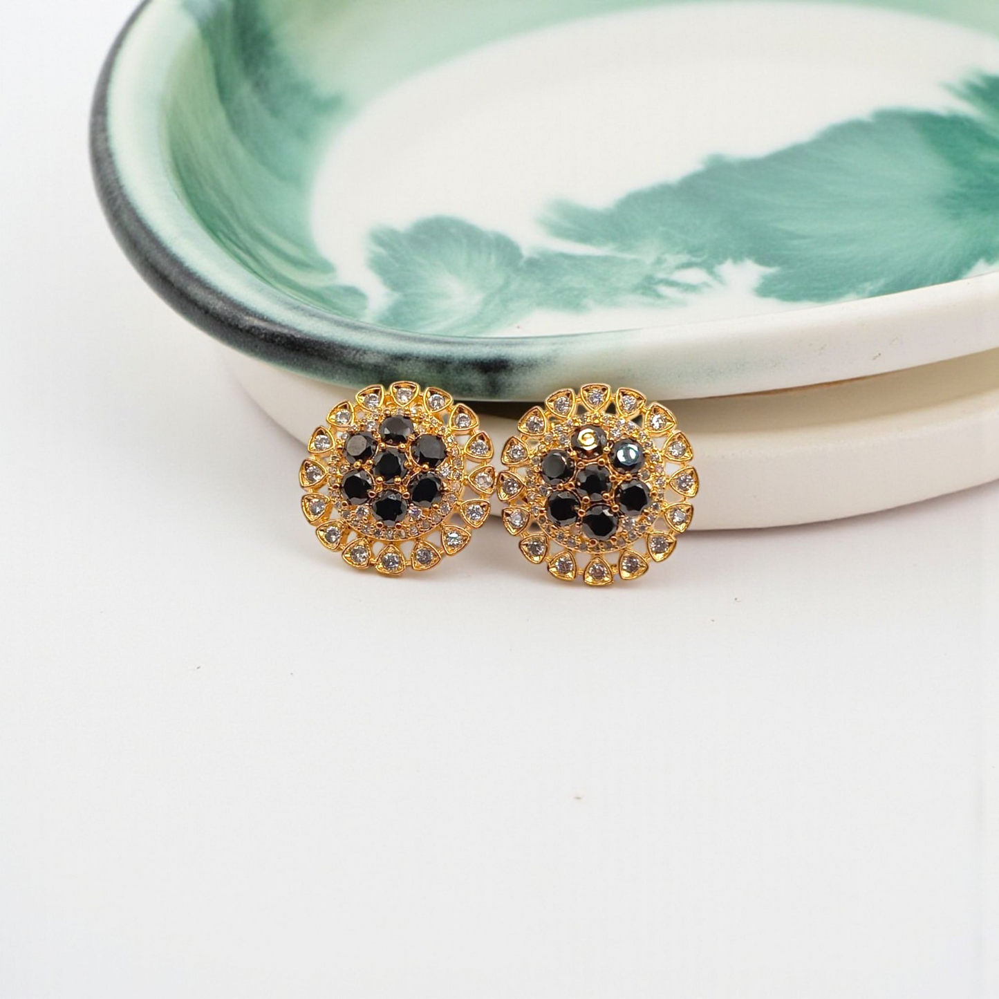 Gold Round Stud Earrings with Black and Clear Stones