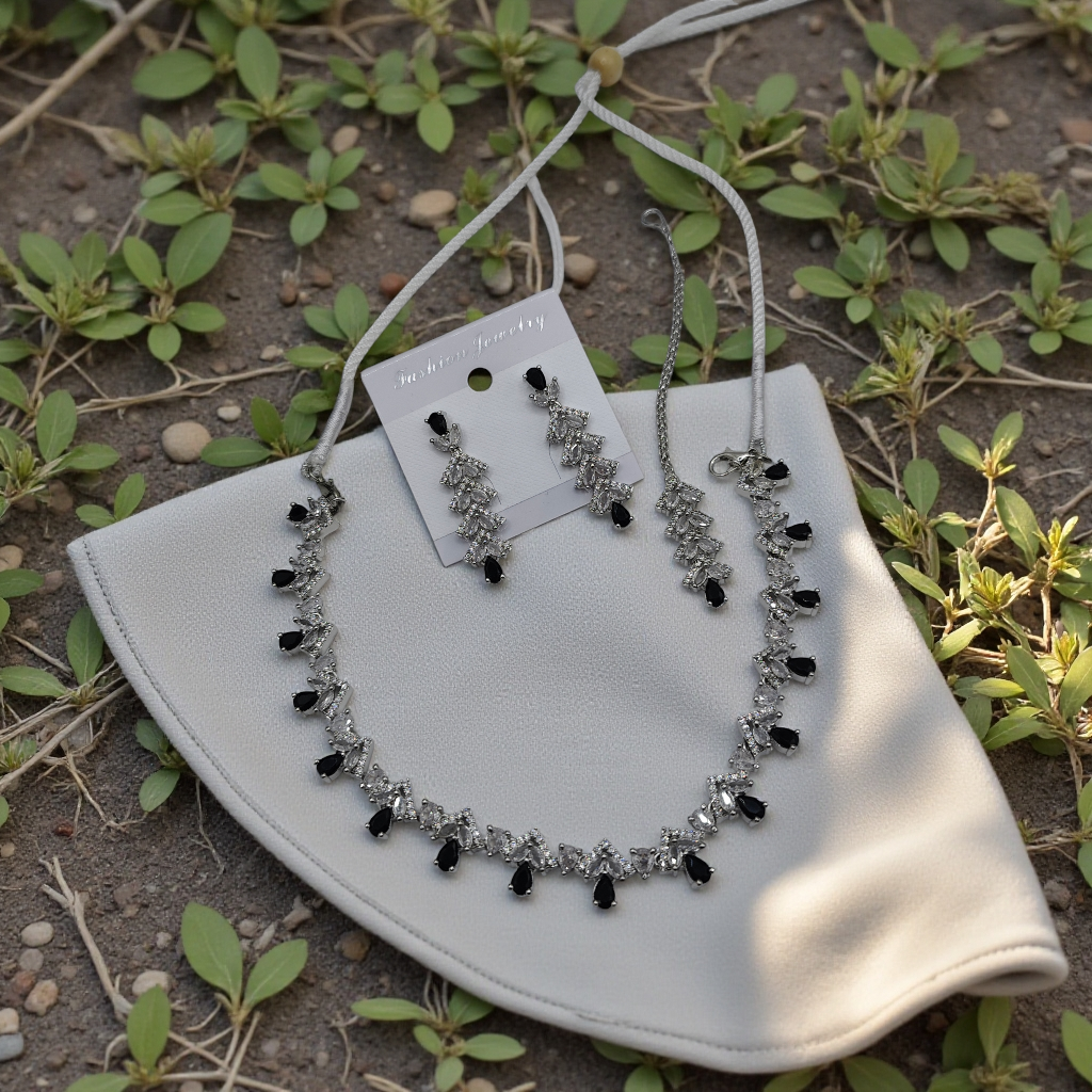 Royal Blue & Silver,Black & Silver Crystal Necklace Set