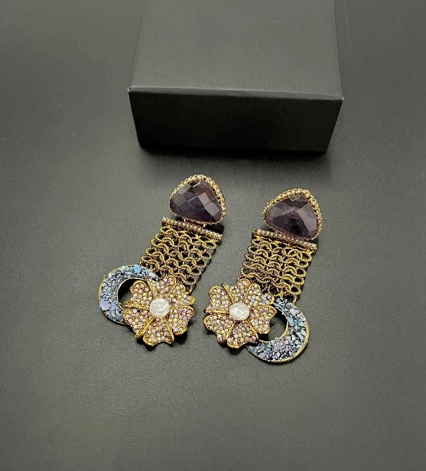 Designer Floral Earrings with Sparkling Crystals & Pearl Drop