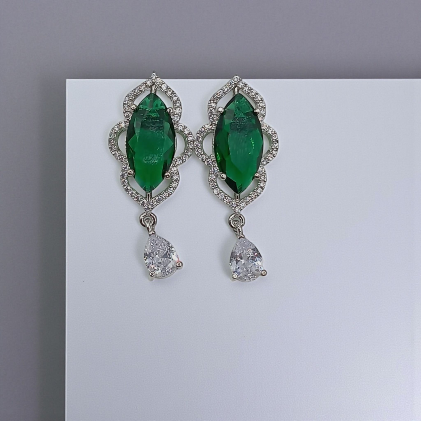 Bottle Green Stone And Lavender Marquise Stone Drop Earrings with Crystal Halo