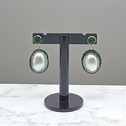 Oval Pearl Drop Earrings with Green Crystal Accents