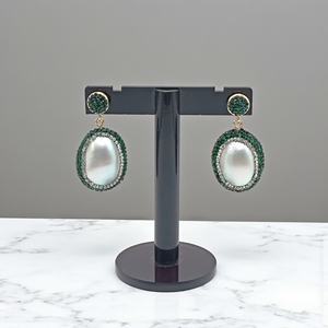 Oval Pearl Drop Chandelier with Green Crystal Accents