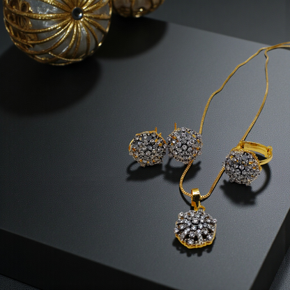 Vintage Snowflake Crystal Jewelry Set – Gold-Plated Necklace, Earrings & Ring