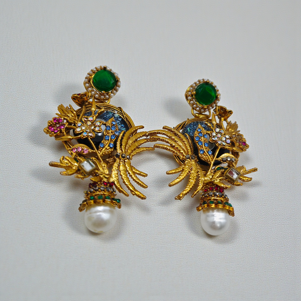 Antique Gold Peacock Pearl Drop Earrings Multicolor Statement Jewelry
