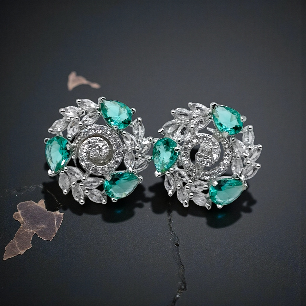 Emerald Green Crystal Floral Stud Earrings Silver Plated Statement Jewelry