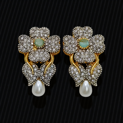 Luxury Floral Crystal Earrings with Pearl Drop – Antique Gold Finish