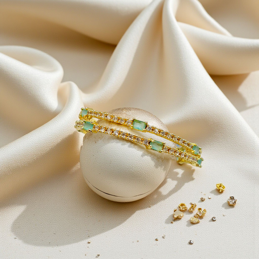 Mint Baguette Bangle Set Emerald Green & Clear CZ Gold Bangles (Set of 2)