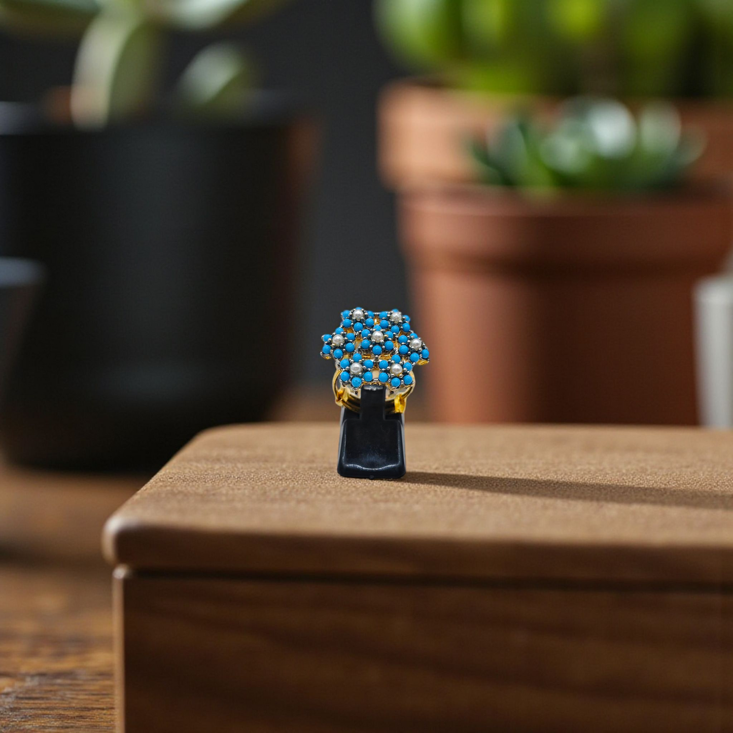 Floral Cluster Ring with Blue and Pearl Accents