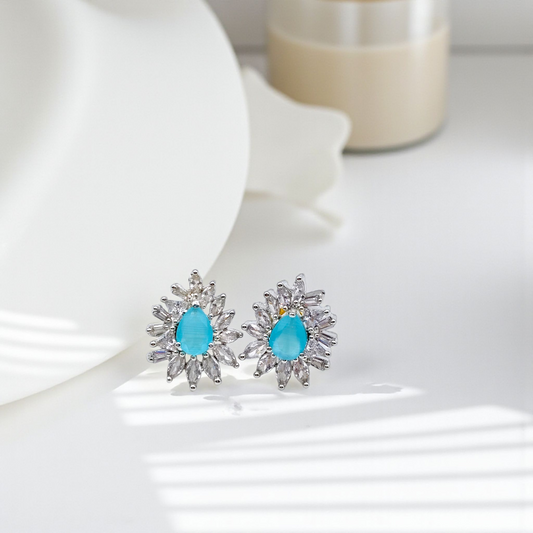 Radiant Teardrop Blue Stone Earrings with Diamond Burst