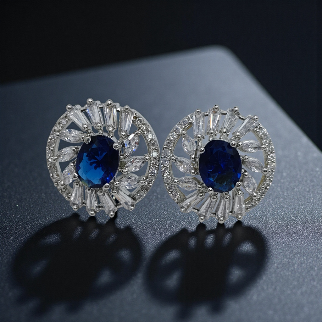 Sapphire Blue Crystal Halo Stud Earrings Silver Plated Statement Jewelry