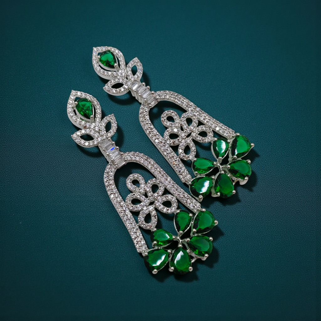 Crystal Floral Drop Earrings  Silver Plated  Blue, Black & Green Variants