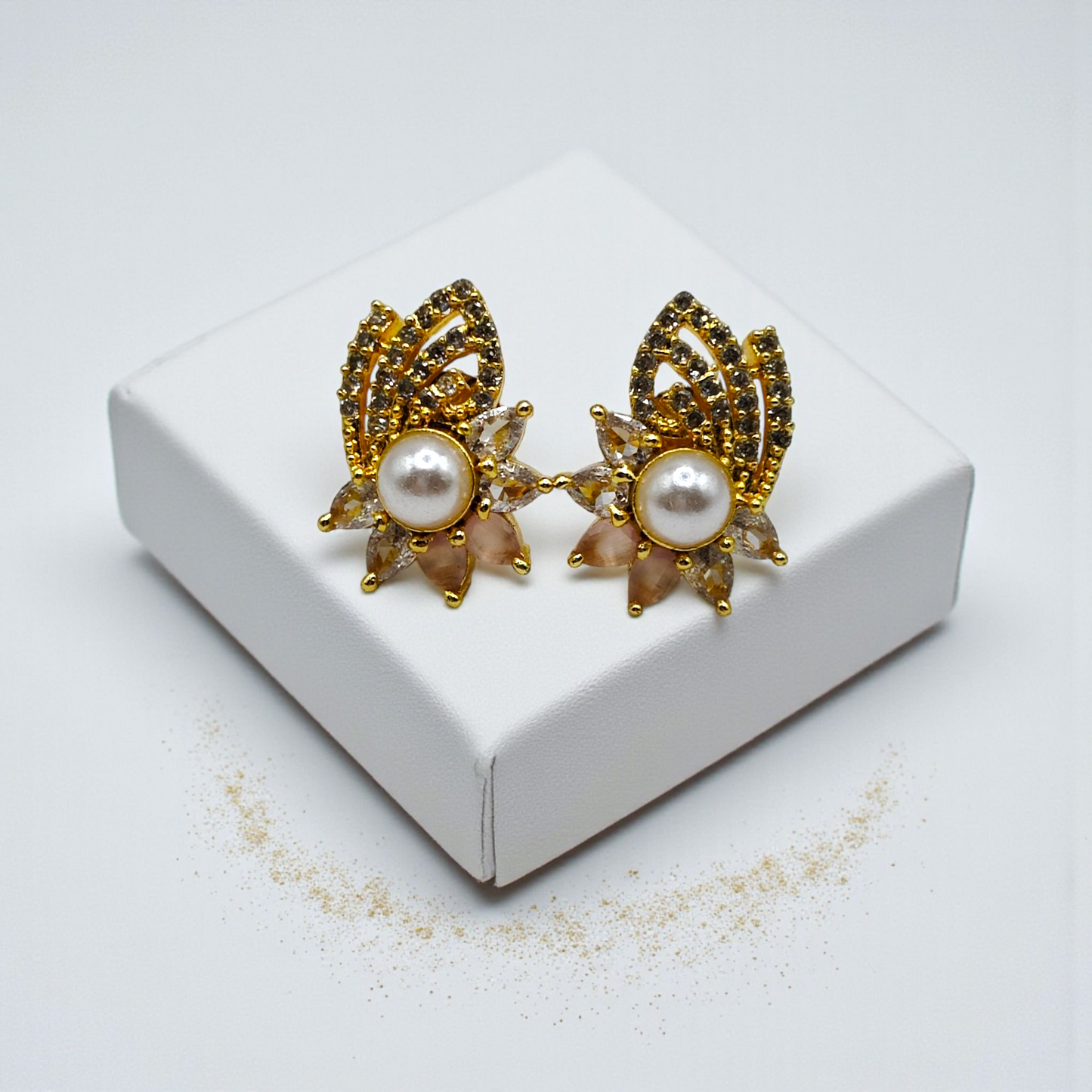 Elegant Pearl & Leaf Crystal Stud Earrings