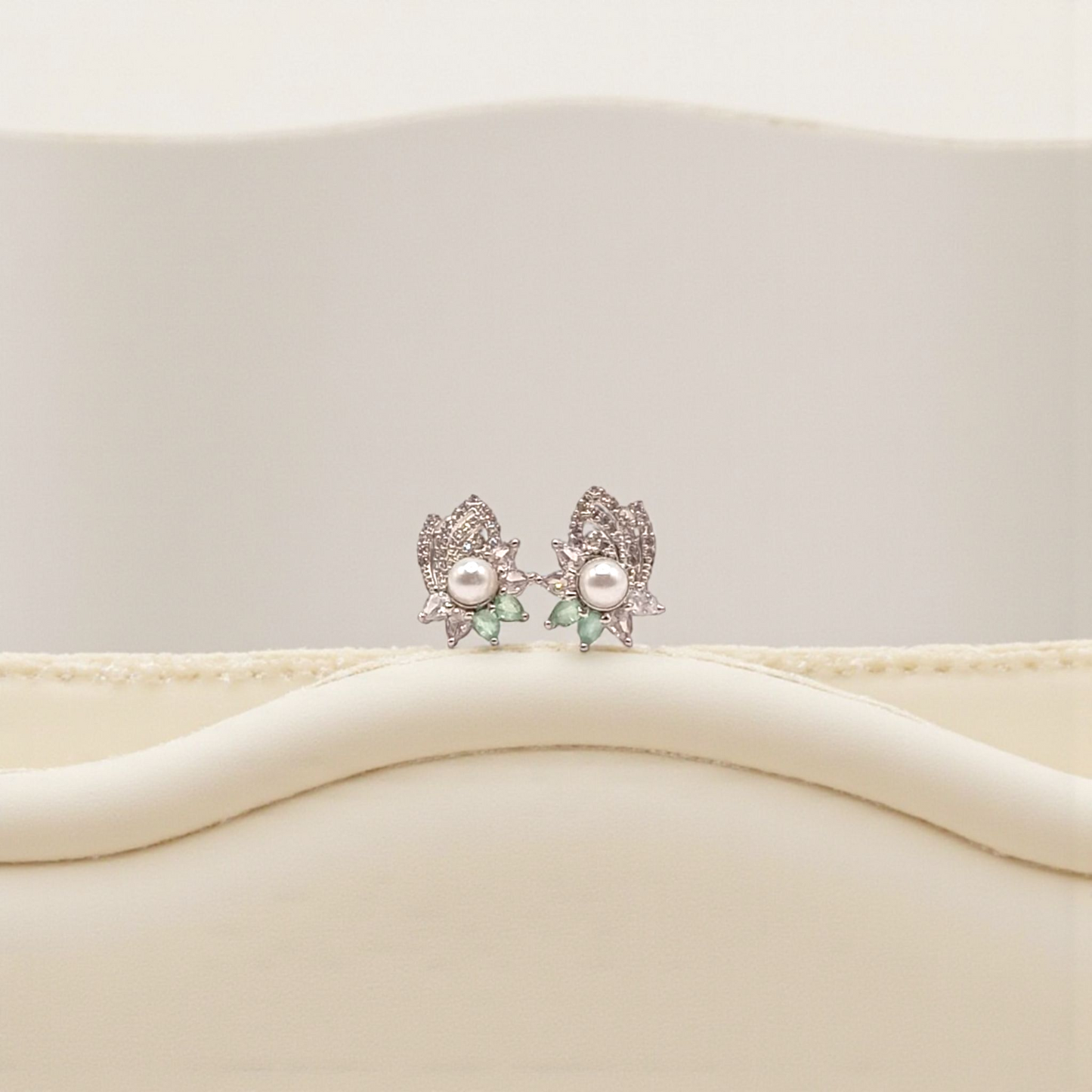 Elegant Pearl & Leaf Crystal Stud Earrings