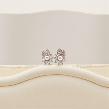 Elegant Pearl & Leaf Crystal Stud Earrings
