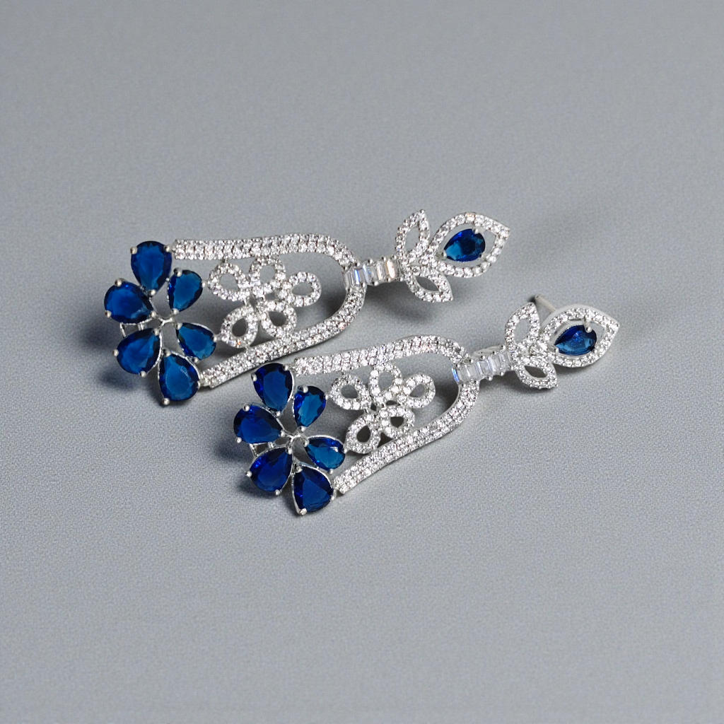 Crystal Floral Drop Earrings  Silver Plated  Blue, Black & Green Variants