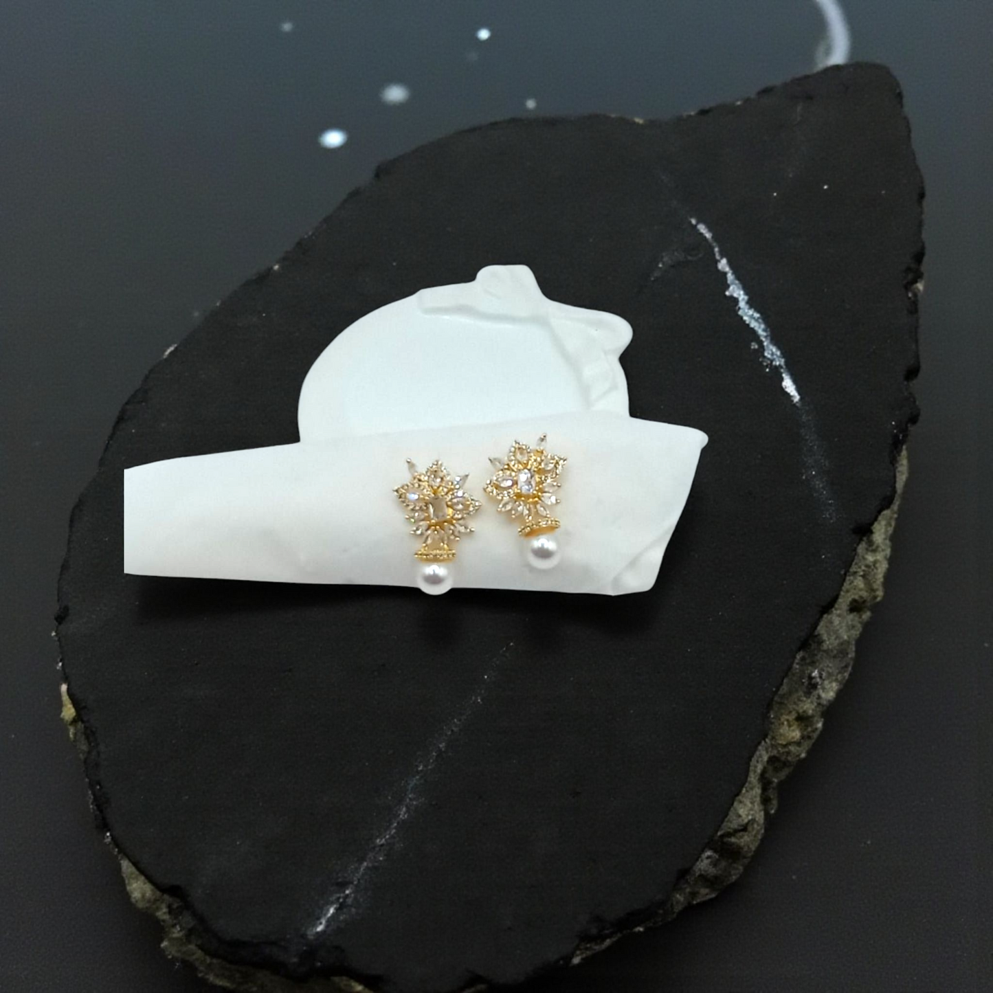 Gold Crystal Floral Earrings with Pearl Drop