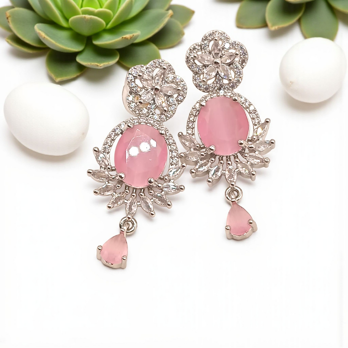 Floral Pink Stone Drop Earrings with Crystal Accents