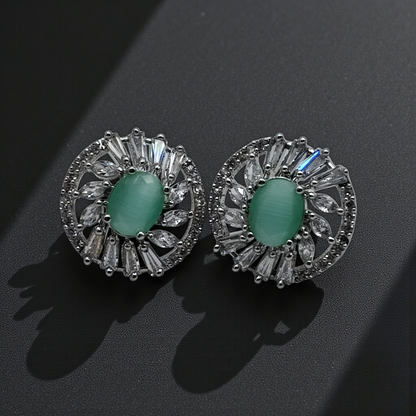 Sapphire Blue Crystal Halo Stud Earrings Silver Plated Statement Jewelry