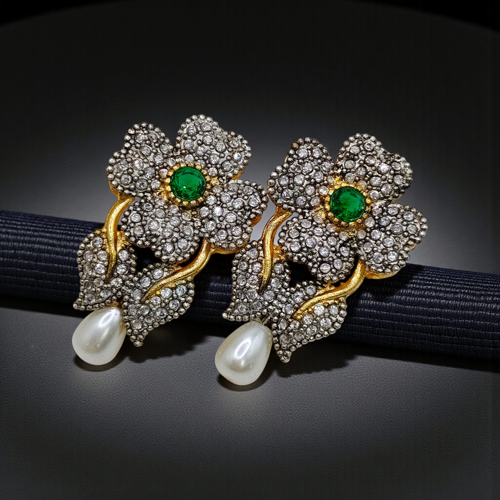 Luxury Floral Crystal Earrings with Pearl Drop – Antique Gold Finish