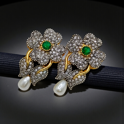 Luxury Floral Crystal Earrings with Pearl Drop – Antique Gold Finish