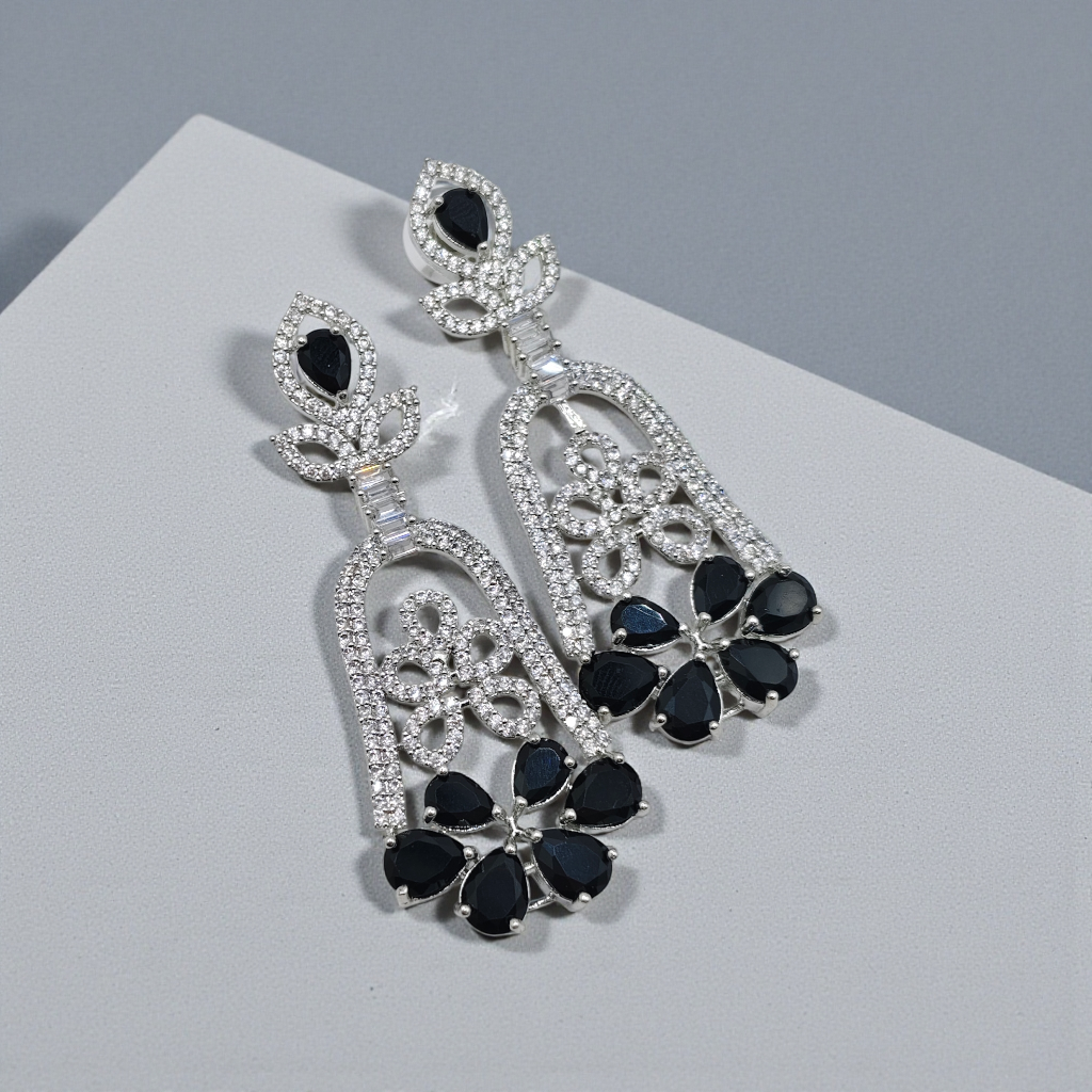 Crystal Floral Drop Earrings  Silver Plated  Blue, Black & Green Variants