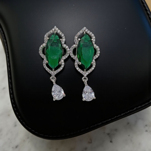 Bottle Green Stone And Lavender Marquise Stone Drop Earrings with Crystal Halo