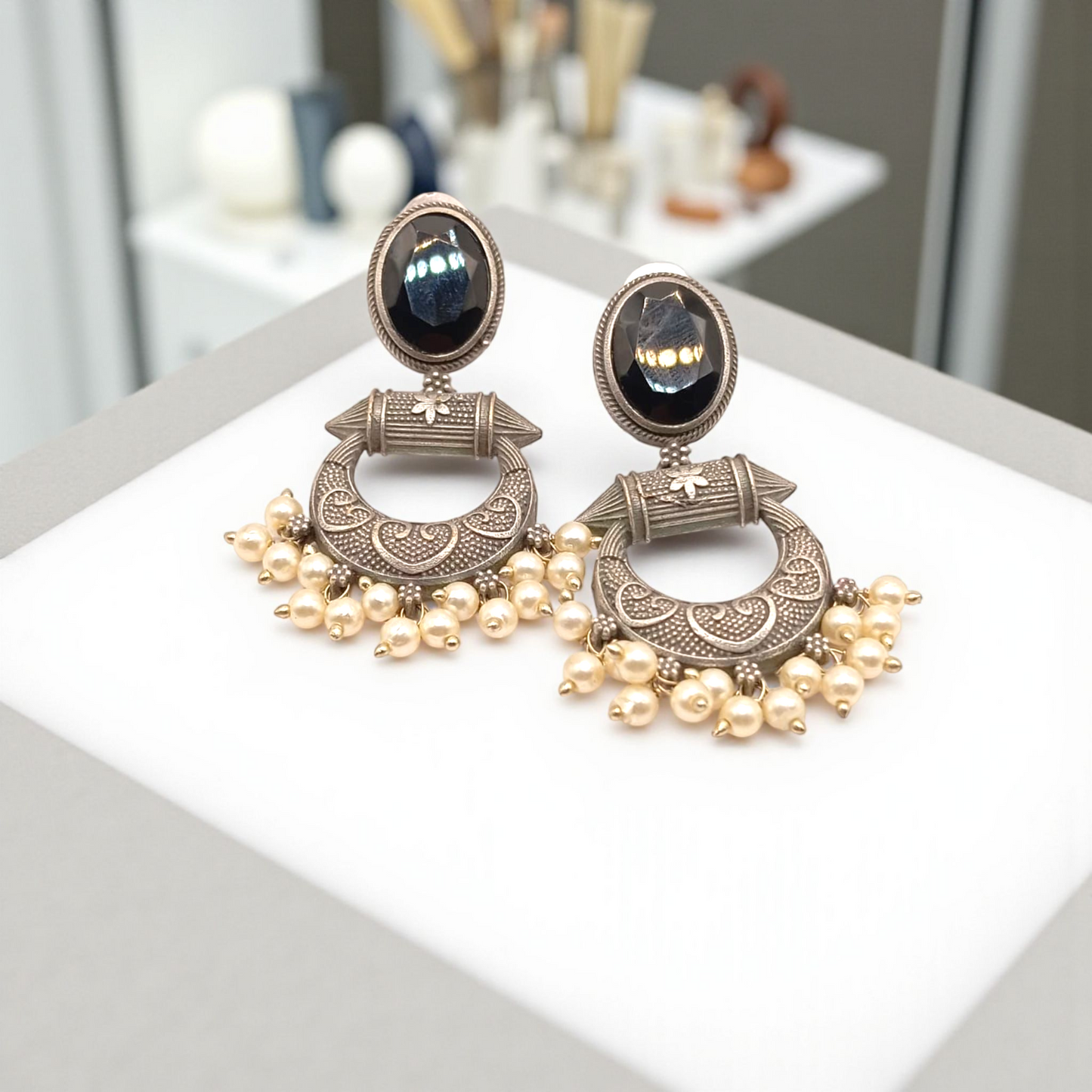 Antique Stone Chandelier Oxidize Hoop