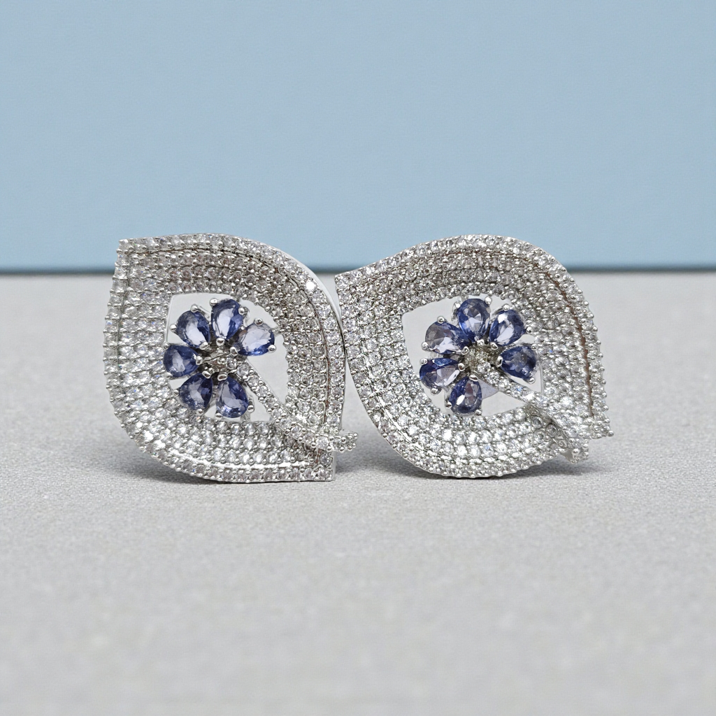 Silver Crystal Leaf Stud Earrings with Sapphire Blue Floral Center