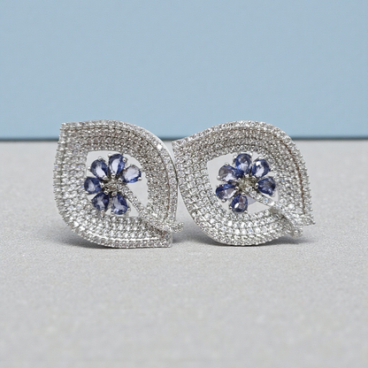 Silver Crystal Leaf Stud Earrings with Sapphire Blue Floral Center