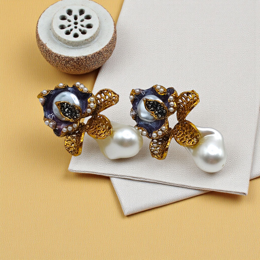 Midnight Garden Earrings Teal Enamel Gold Filigree Petal & Baroque Pearl Drops