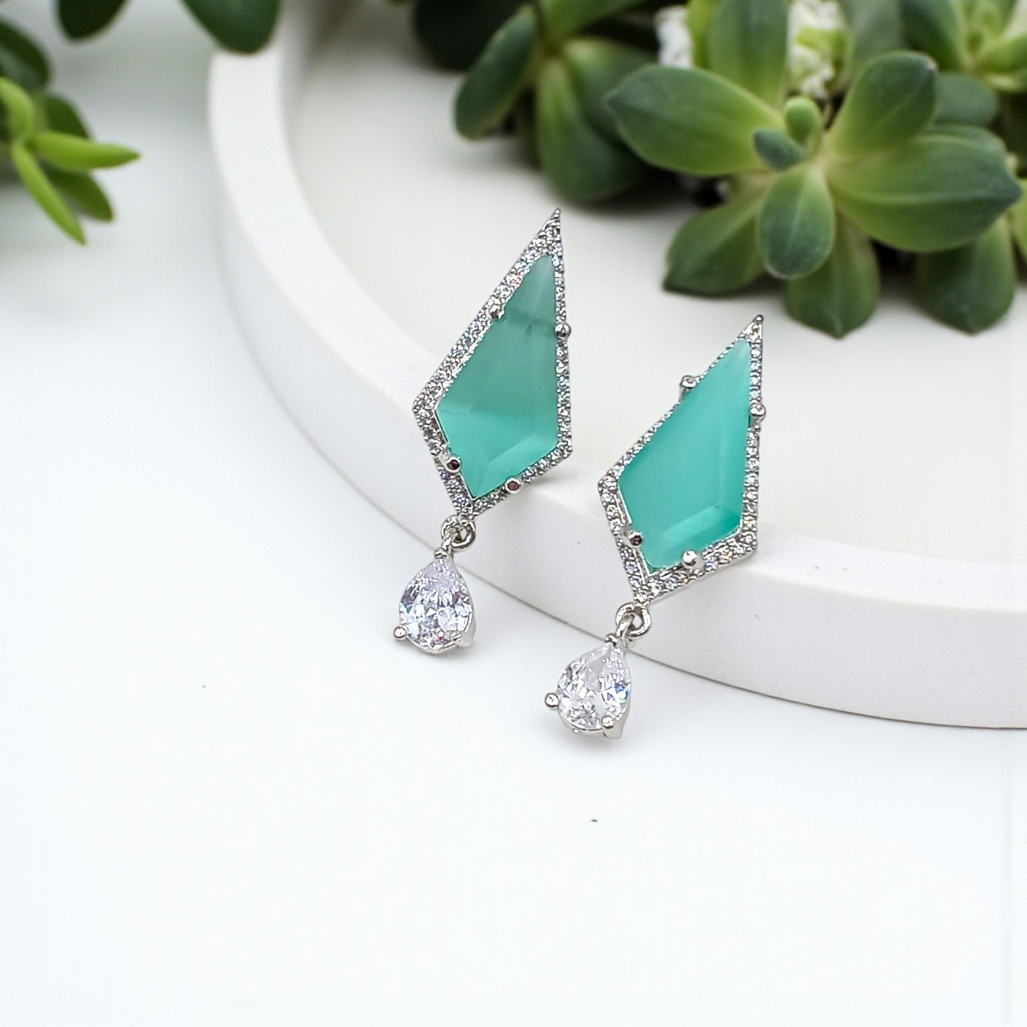 Geometric Aqua Stone Drop and Pink Geometric Stone Drop Earrings with Crystal Accent
