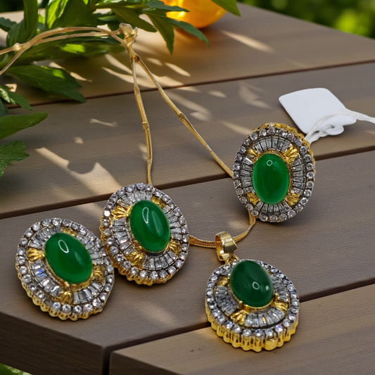 Emerald Aura Gold-Plated Jewelry Set – Oval Green Stone Necklace, Earrings & Ring