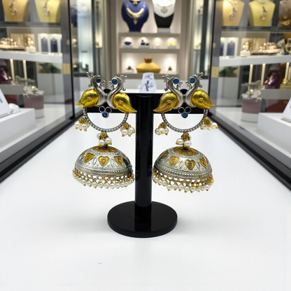 Dual-Tone Peacock Dome Jhumka Earrings – Traditional Heritage Collection