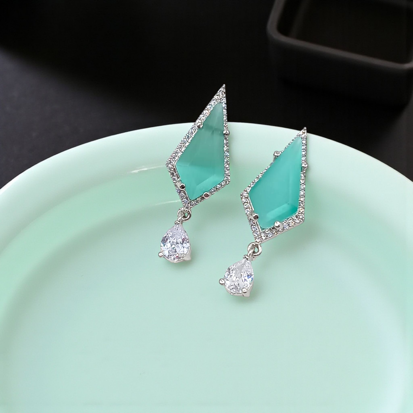 Geometric Aqua Stone Drop and Pink Geometric Stone Drop Earrings with Crystal Accent