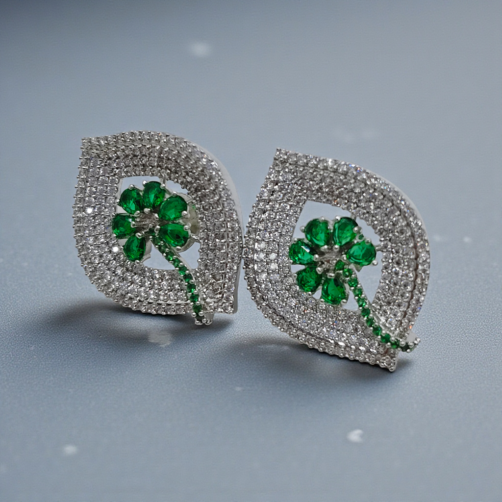 Silver Crystal Leaf Stud Earrings with Sapphire Blue Floral Center