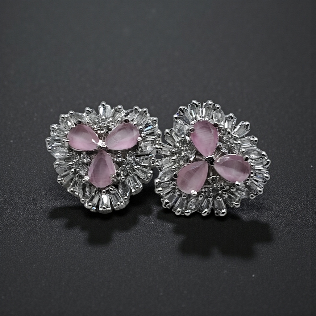 Royal Blue Crystal Floral Stud Earrings  Silver Plated Statement Jewelry