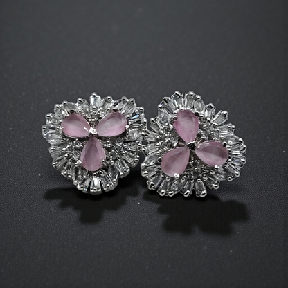 Royal Blue Crystal Floral Stud Earrings  Silver Plated Statement Jewelry
