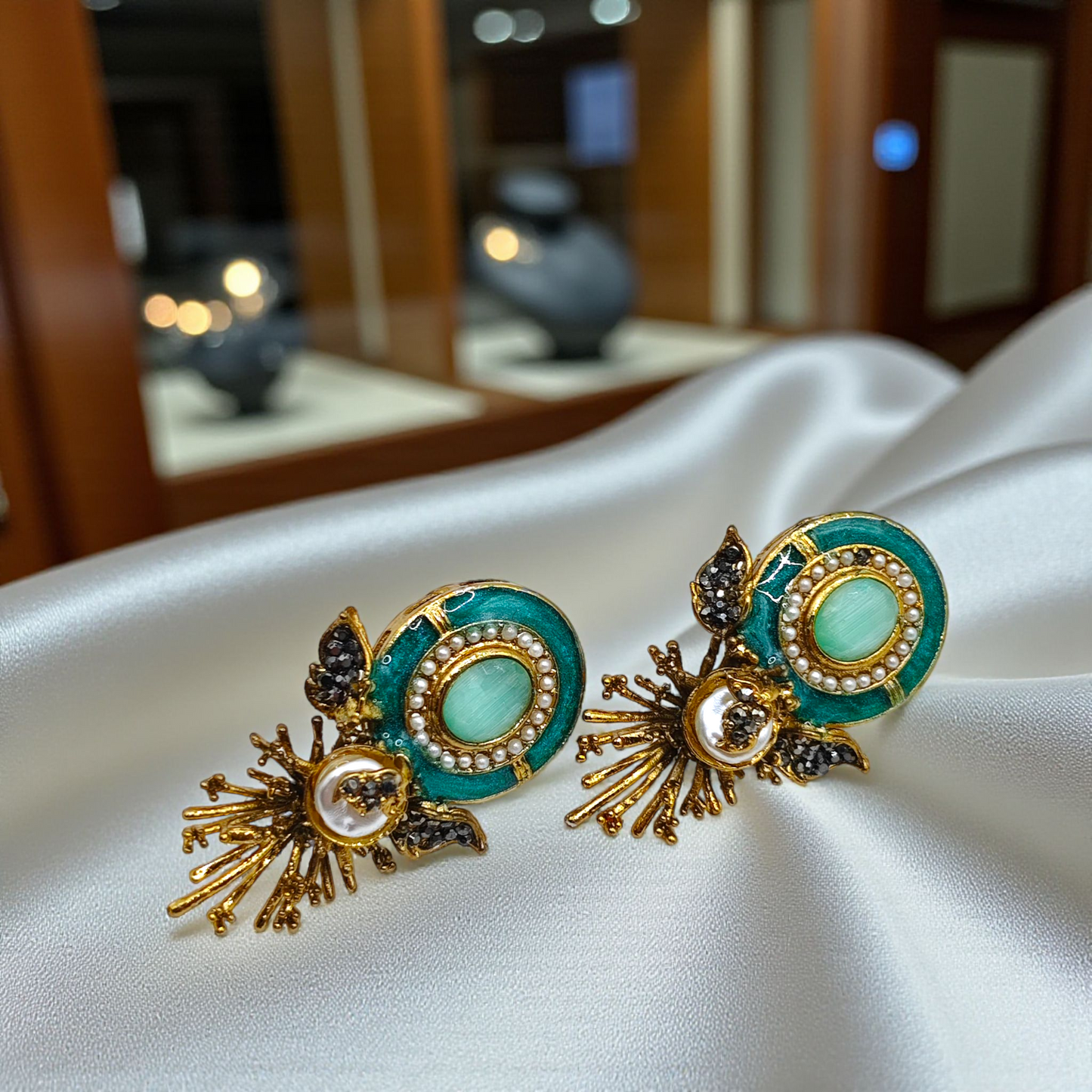 Emerald Enamel Stud Earrings with Pearl & Gold Detailing – Luxury Statement Earrings