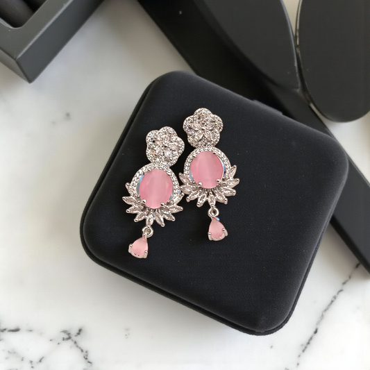 Floral Pink Stone Drop Earrings with Crystal Accents