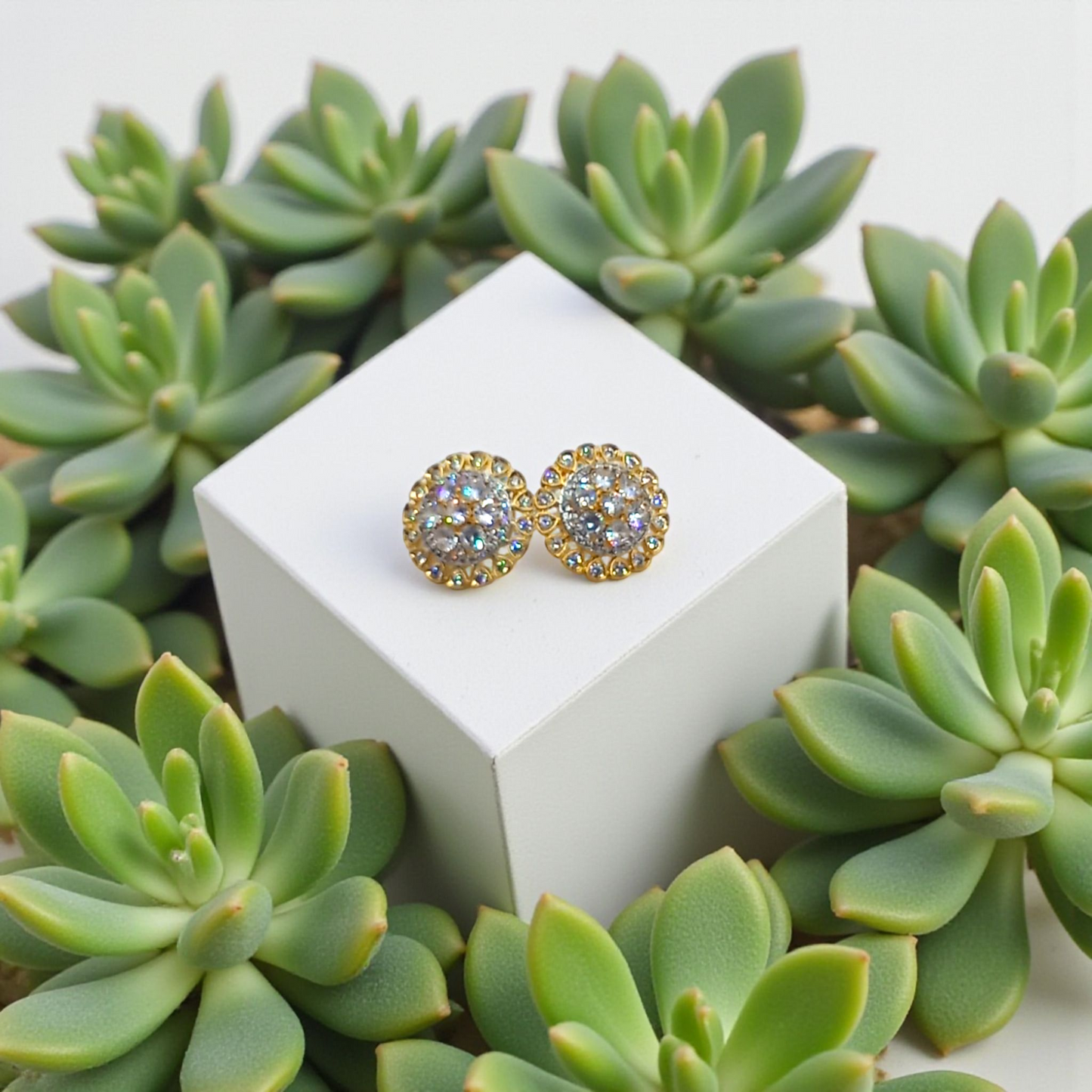 Gold Round Stud Earrings with Black and Clear Stones