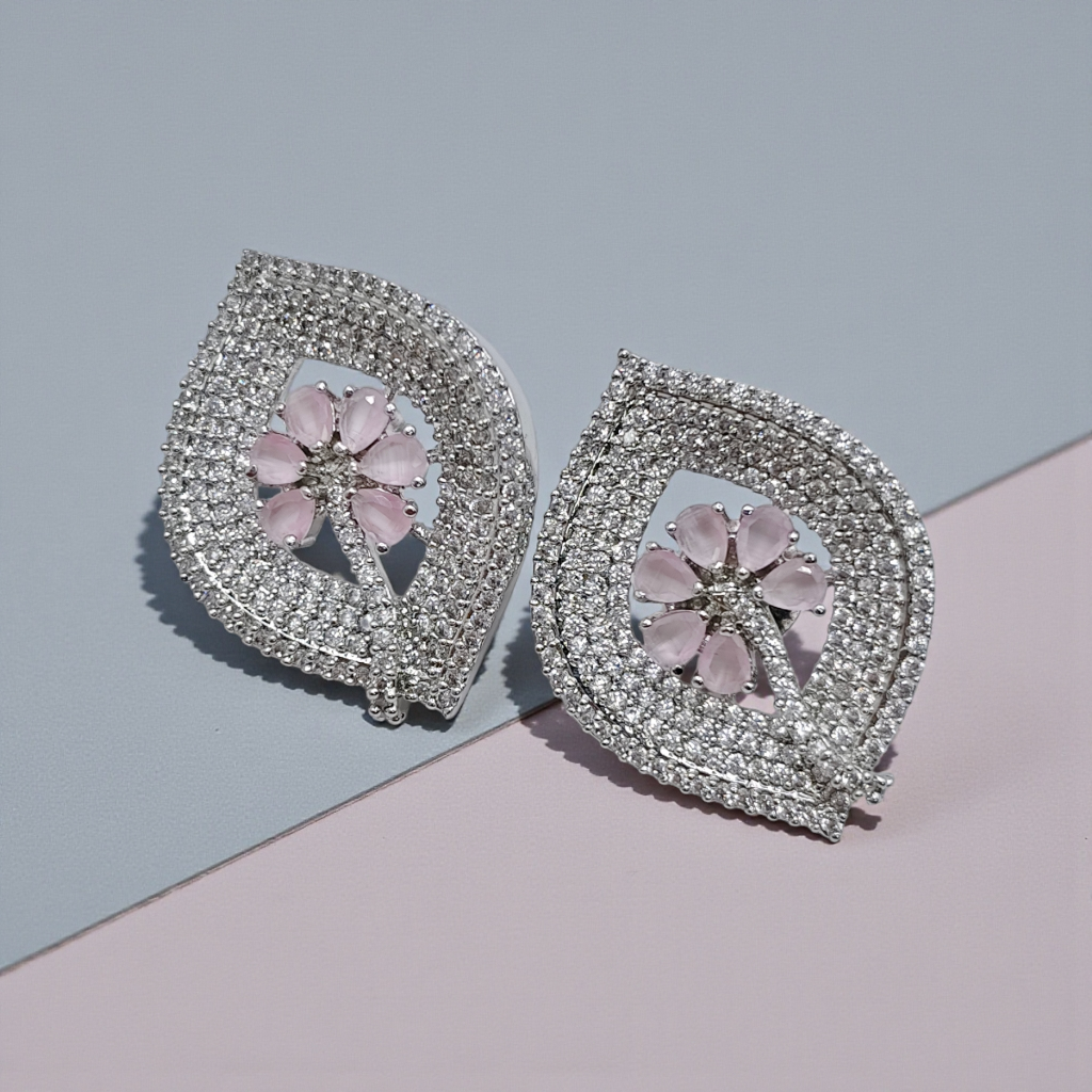 Silver Crystal Leaf Stud Earrings with Sapphire Blue Floral Center