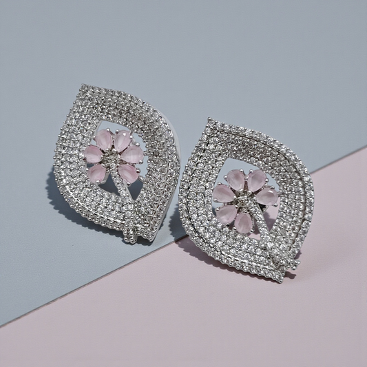 Silver Crystal Leaf Stud Earrings with Sapphire Blue Floral Center