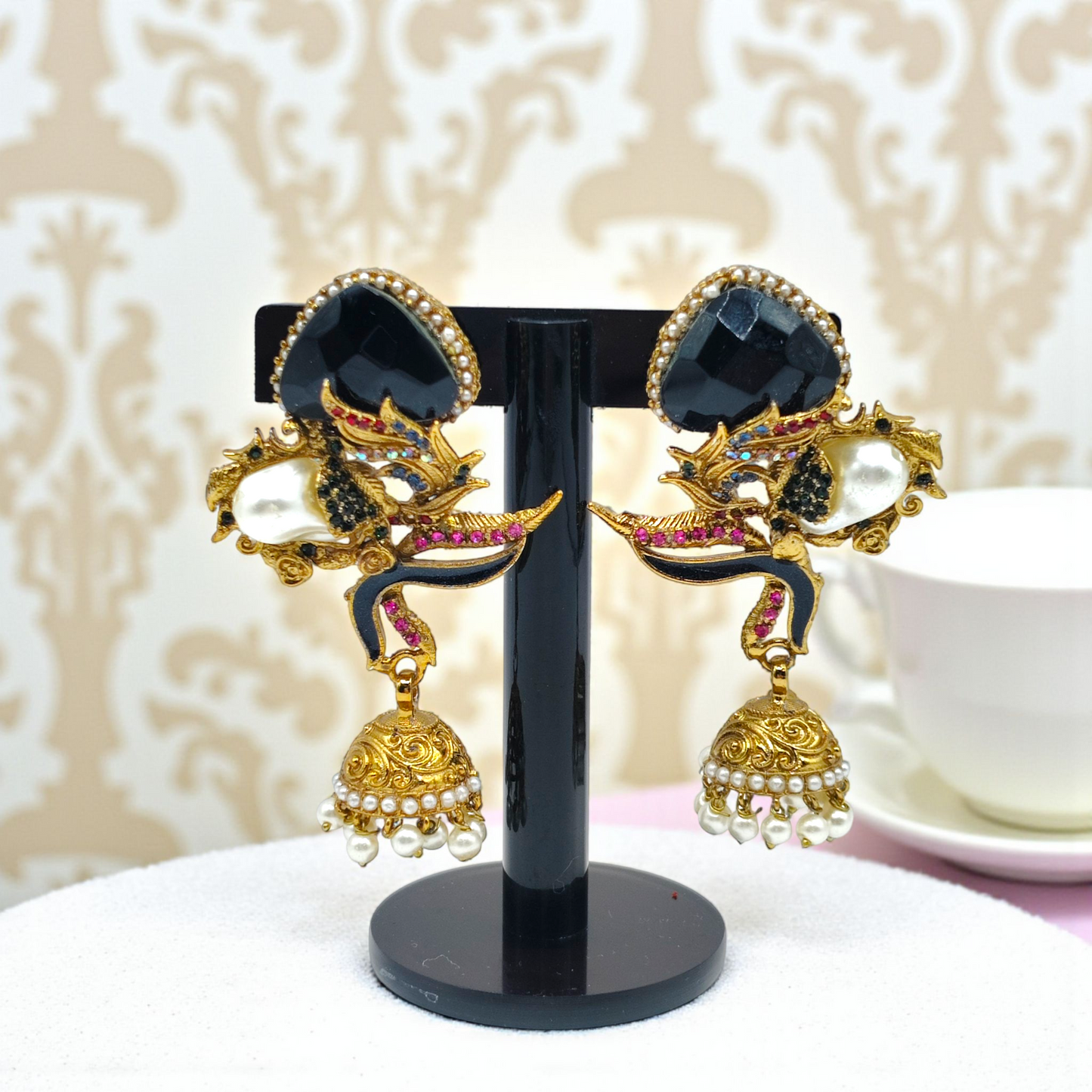 Luxurious Kundan & Enamel Statement Jhumka Earrings – Multi-Color, Pearl Drops, Festive Wear Jewelry