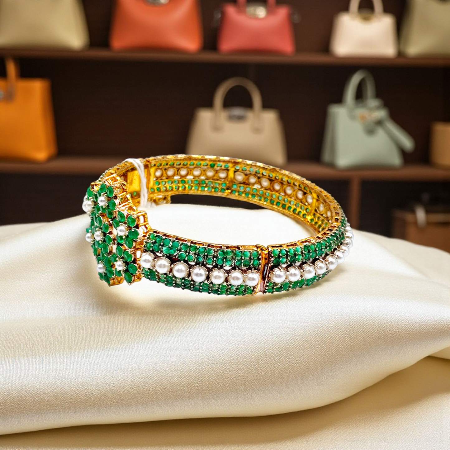 Elegant Stone & Pearl Bracelet – Premium Crystal Bangle (Green/Red/Purple)