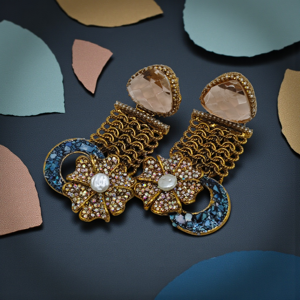 Designer Floral Earrings with Sparkling Crystals & Pearl Drop