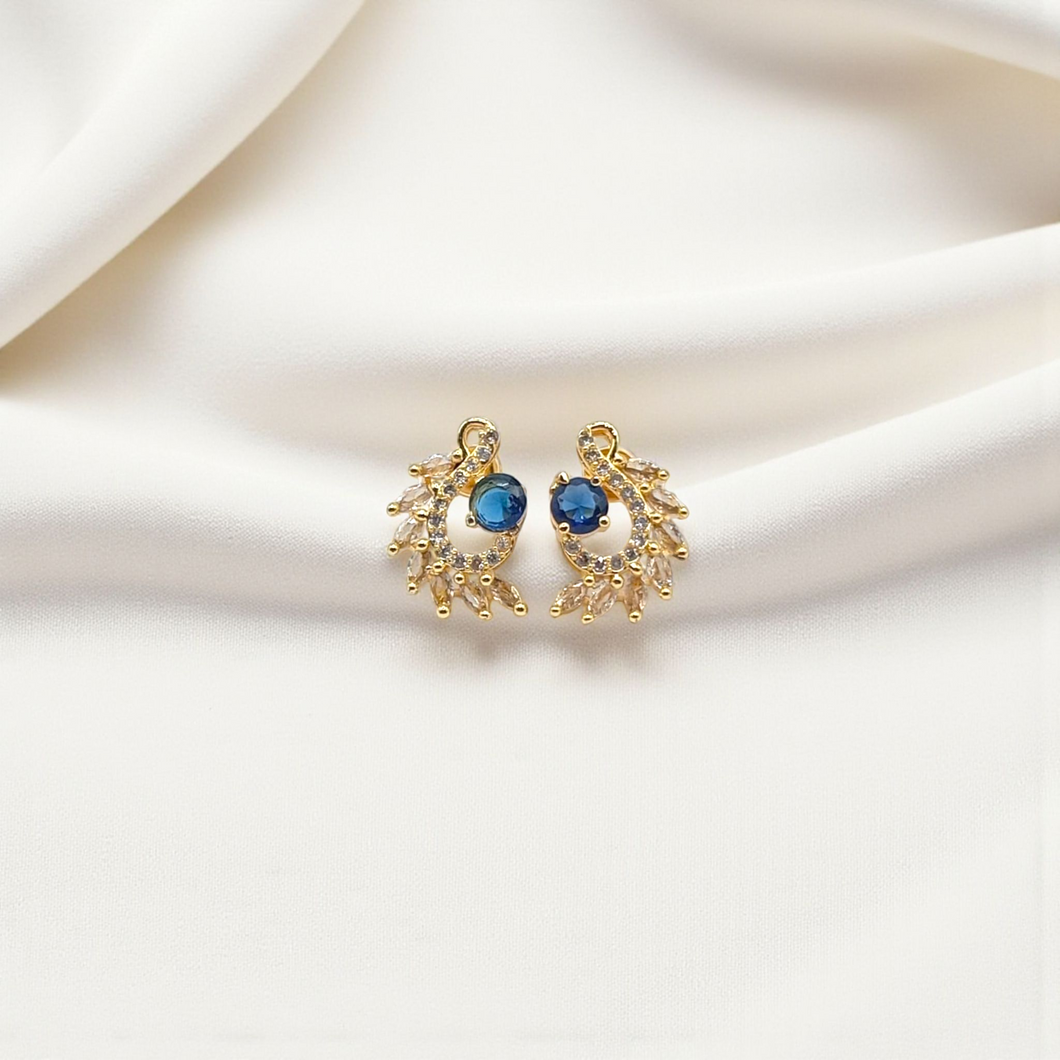 Gold Plated Leaf Wreath Studs with Purple And Blue Stone Center